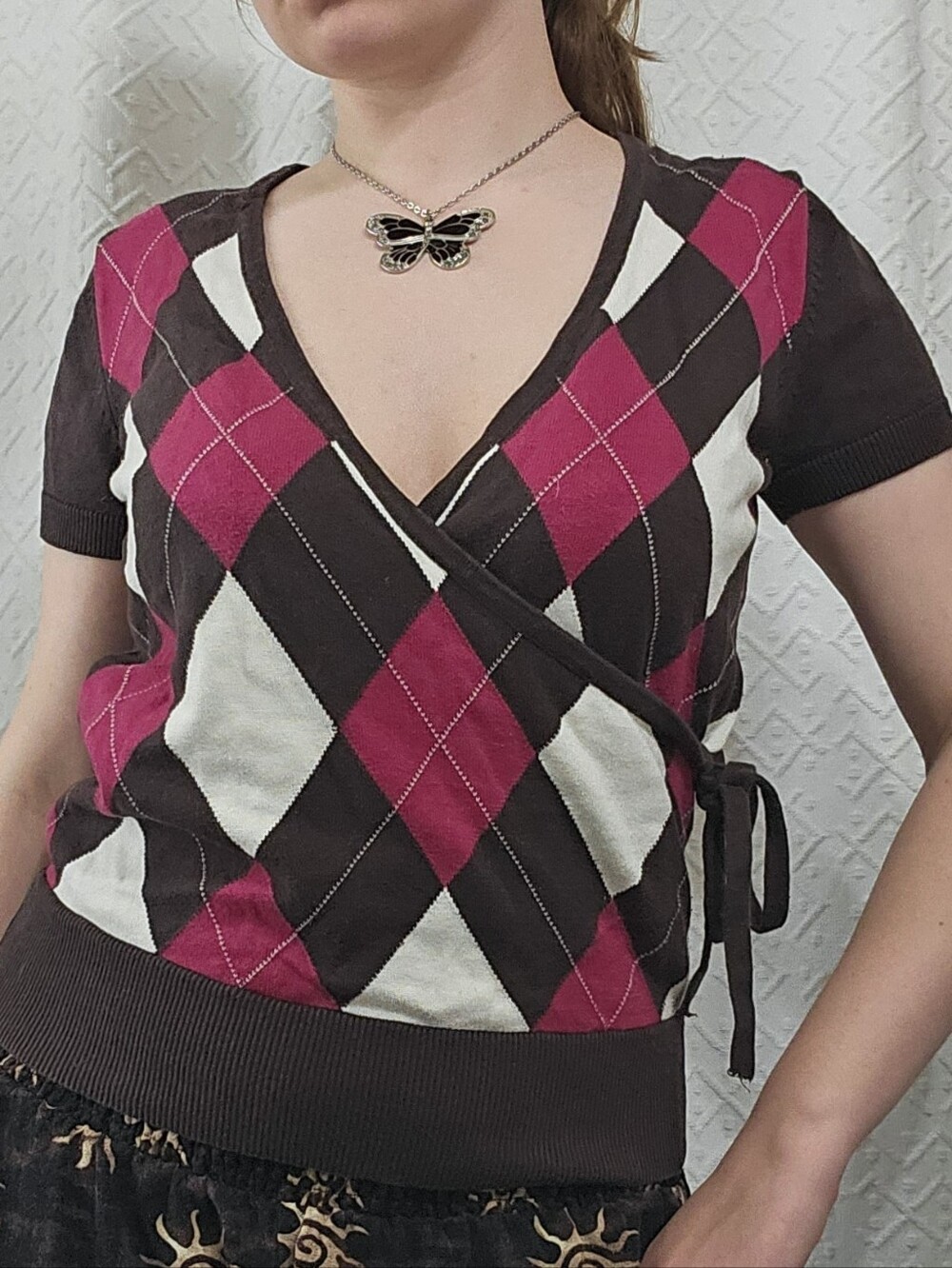 Argyle Pink Brown Wrap V Neck Fall Sweater